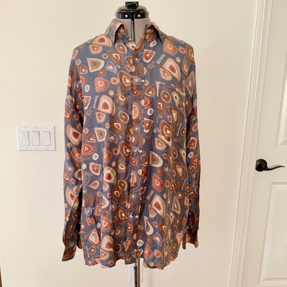 Vtg Men's Sooth 100% Silk Abstract Casual Button Up Pocket‎ Long Sleeve Shirt L